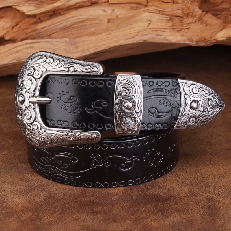 Unisex Rustic Texture Flower Printing Leather Belt