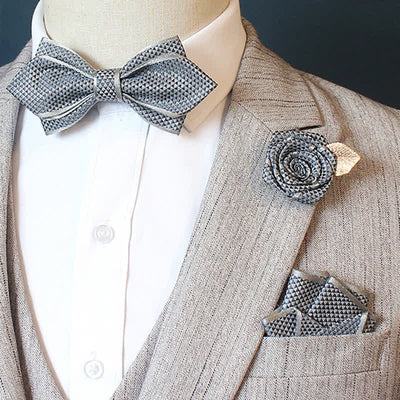 3Pcs Men's Micro Check Wedding Groom Bow Tie Set