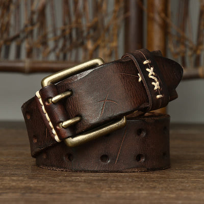 Men's Distressed Double Needle Buckle Leather Belt