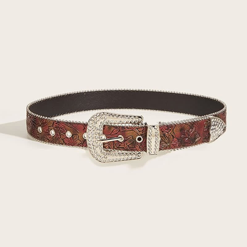 Women's Brown Floral Embossed Rhinestone Leather Belt