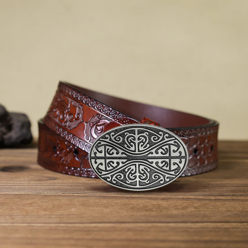Men's DIY Celtic Cross Pattern Buckle Leather Belt