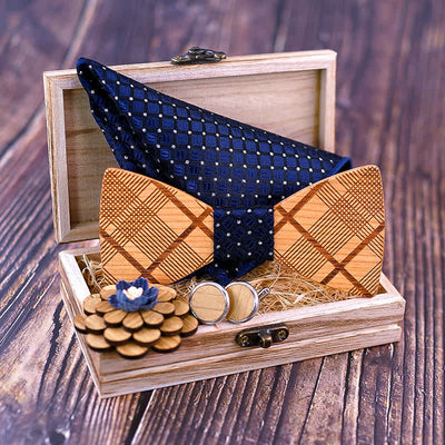 4Pcs Men's Carved Plaids Wooden Bow Tie Set