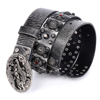 Men's Studded Ruby Lion Ornament Leather Belt