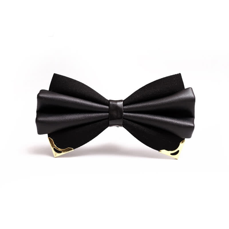 Men's Double Layer Faux Leather Golden Tipped Bow Tie