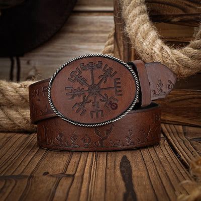 Men's Viking Compass Embossed Pattern Leather Belt