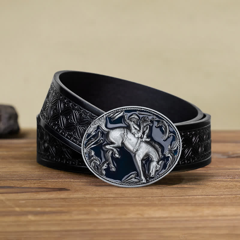 Men's DIY Blue Enamel Horse Riding Buckle Leather Belt