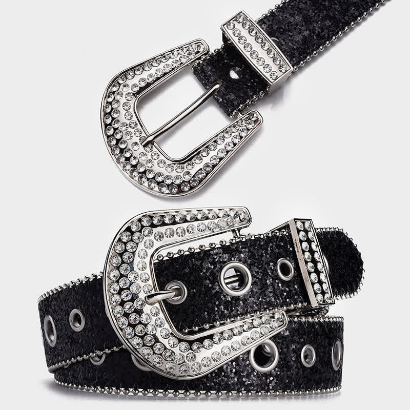 Dazzling Sequin Rhinestone Buckle Leather Belt