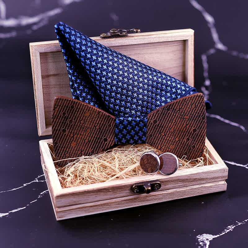 3Pcs Men's Hollow Leaves-shaped Wooden Bow Tie Set