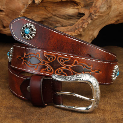 Unisex Retro Brown Turquoise Flower Leather Belt