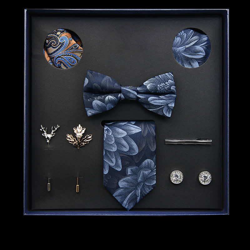 8Pcs Navy&LightSteelBlue Vintage Leaf Necktie Bow Ties Gift Box
