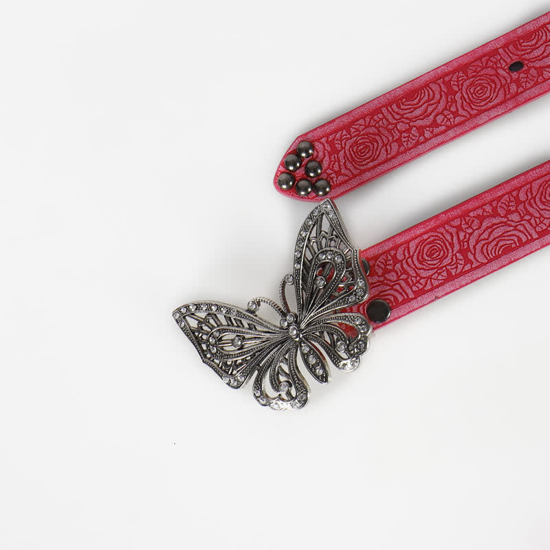 Women's Rose Embossed Rhinestone Butterfly Leather Belt