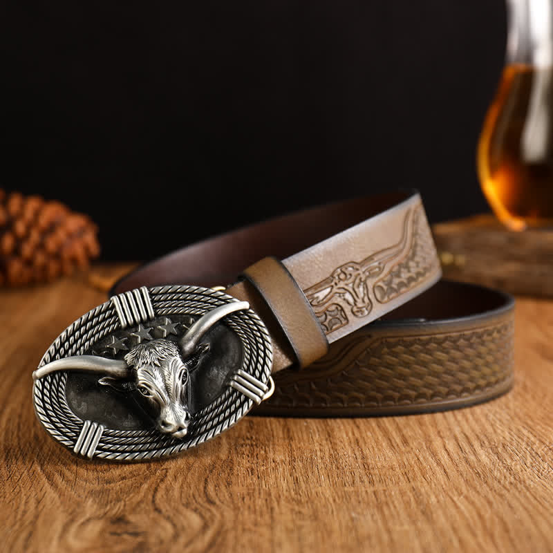 Men's Retro Five Stars Bull Head Leather Belt