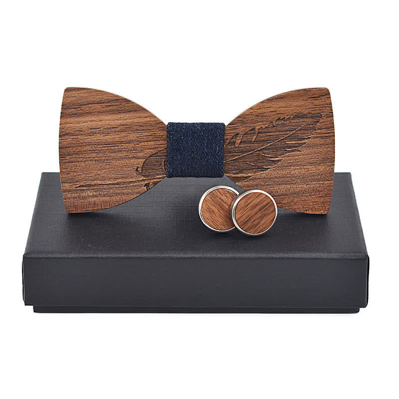 2Pcs Men's Feather Engraving Wooden Bow Tie Set