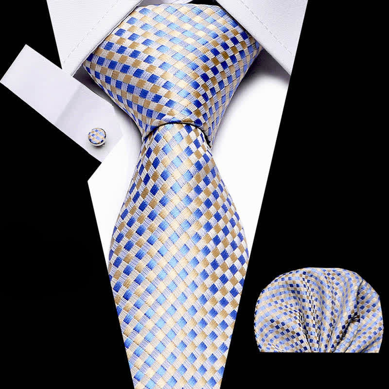 3Pcs Men's Yellow & Blue Woven-like Check Necktie Set