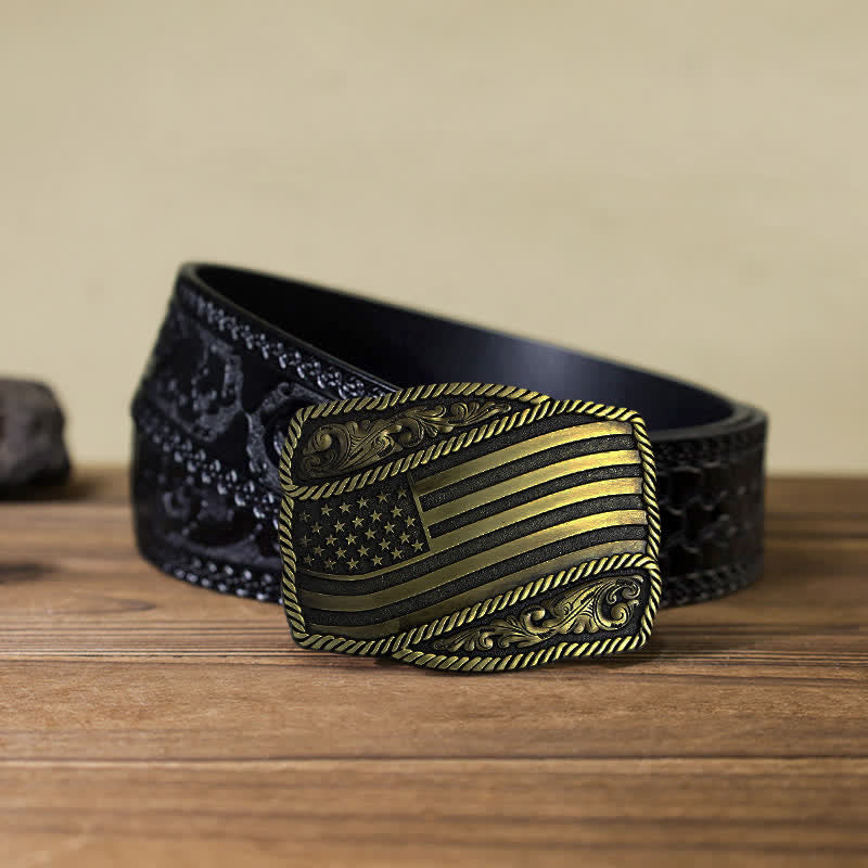 Men's DIY American Flag Antique Buckle Leather Belt