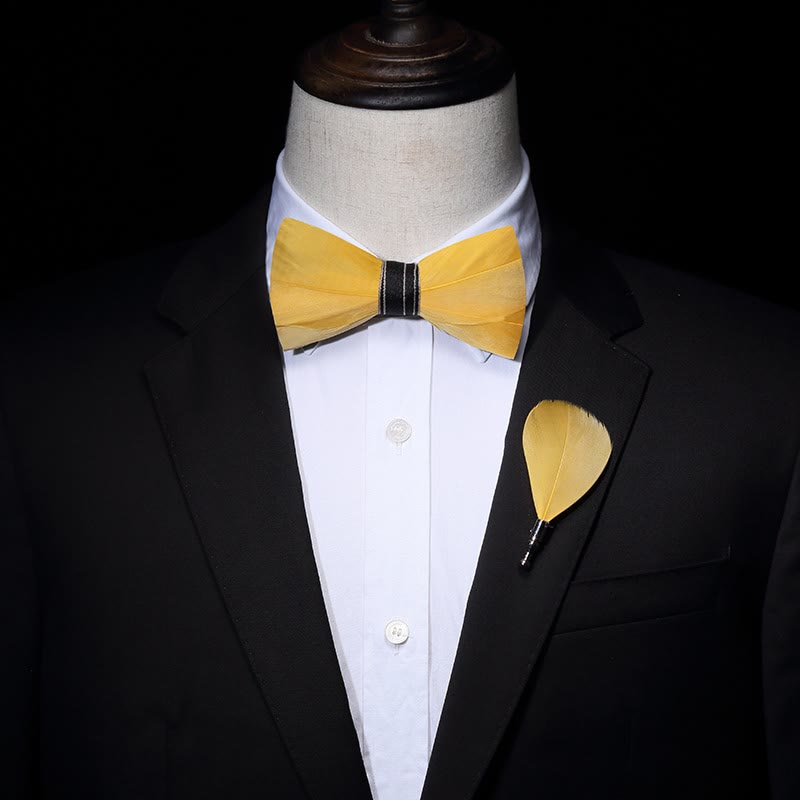 Bright Yellow Lively Feather Bow Tie with Lapel Pin