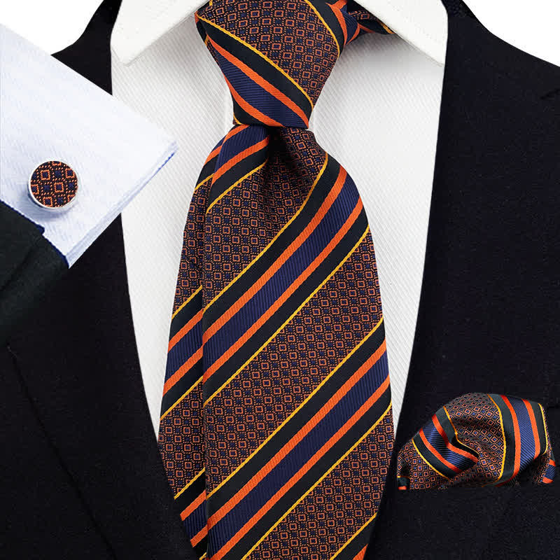 3Pcs Men's Novelty Orange & Navy Striped Necktie Set