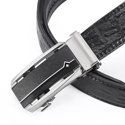 Men's Black & Silver Crocodile Print Automatic Buckle Leather Belt