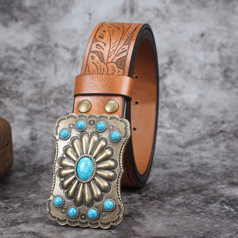 Men's Western Turquoise Stone Embellishment Leather Belt