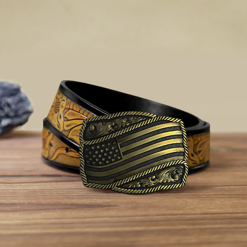 Men's DIY American Flag Antique Buckle Leather Belt