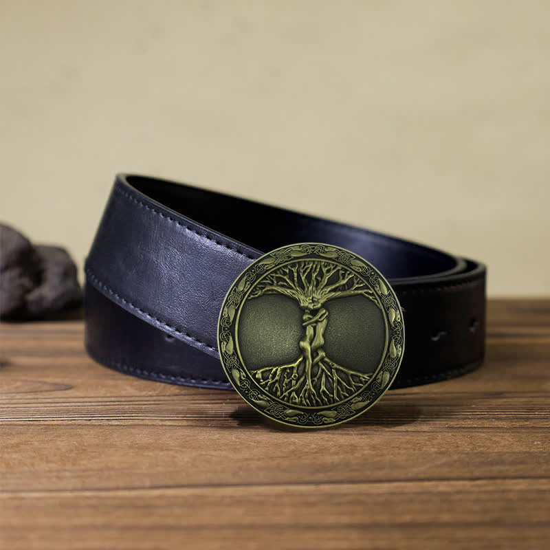 Men's DIY Tree Of Life Ash Elm Buckle Leather Belt