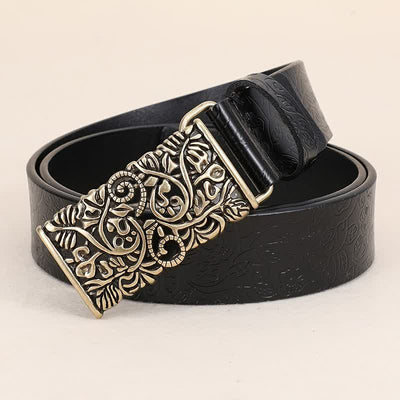 Women's Retro Embossed Hollow Flower Buckle Leather Belt