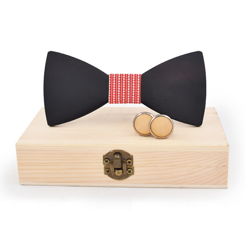 2Pcs Men's Black Wooden Bow Tie Cufflinks Set