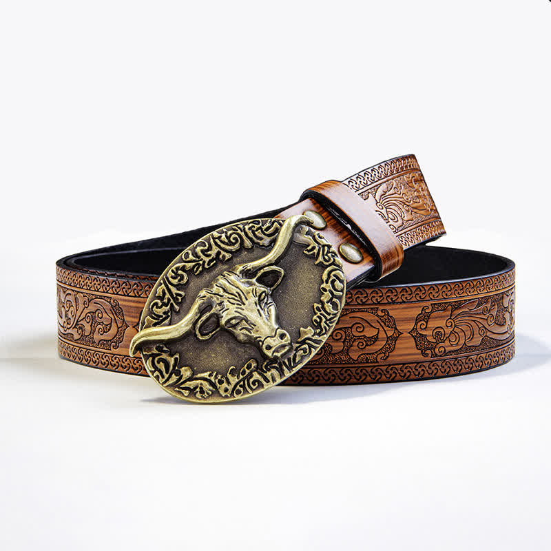 Men's Vintage Bull Head Brown Embossed Leather Belt