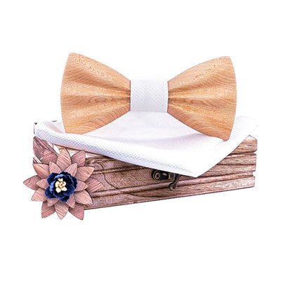 3Pcs Men's Hand Carved Crease Wooden Bow Tie Set