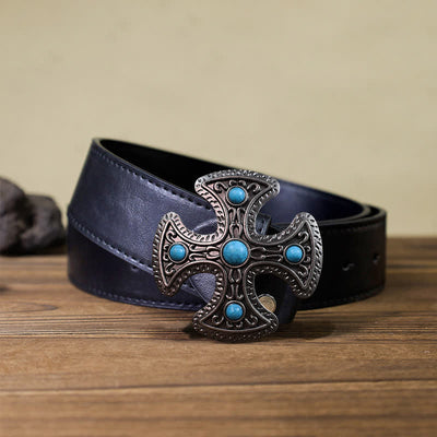 Men's DIY Retro Turquoise Stone Cross Buckle Leather Belt