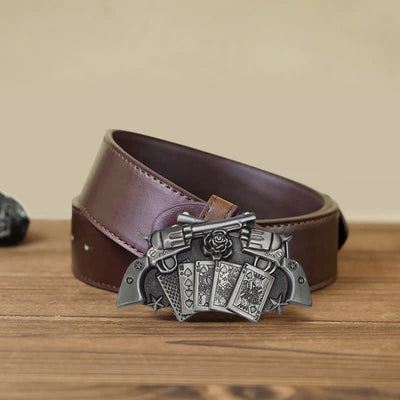 Men's DIY Double Pistol Poker Buckle Leather Belt