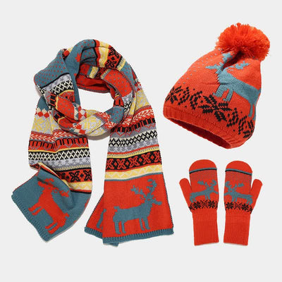 3Pcs Women's Christmas Elk Jacquard Hat Scarf Gloves Set