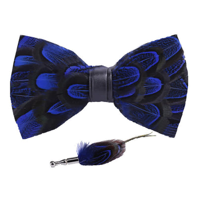 MidnightBlue & Black Peacock Feather Bow Tie with Lapel Pin