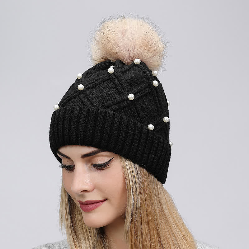 Women's Cute Pearls Deor Pompoms Stretchy Knitted Hat