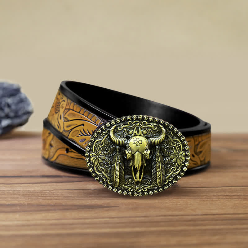 Men's DIY Bull Ethnic Feather Decor Buckle Leather Belt