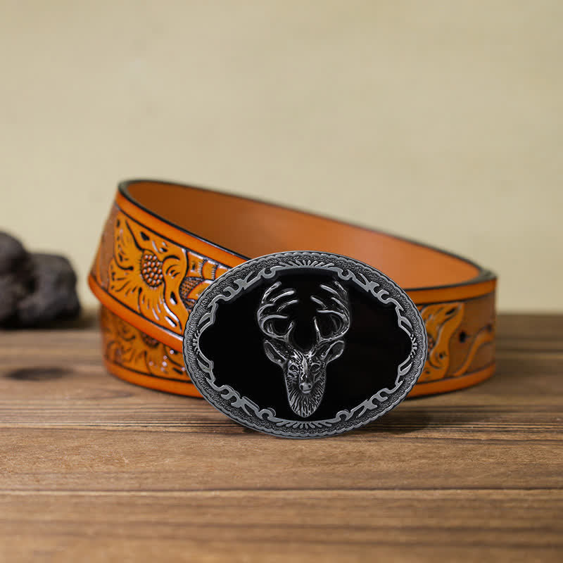 Men's DIY Black Deer Head Buckle Leather Belt