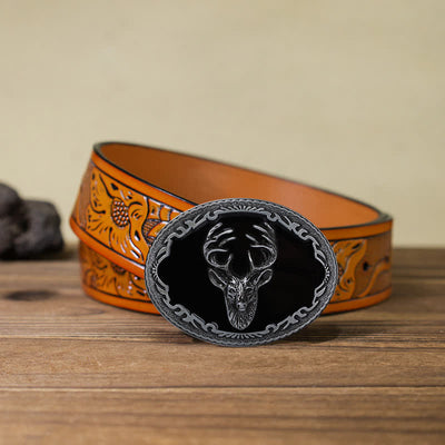 Men's DIY Black Deer Head Buckle Leather Belt