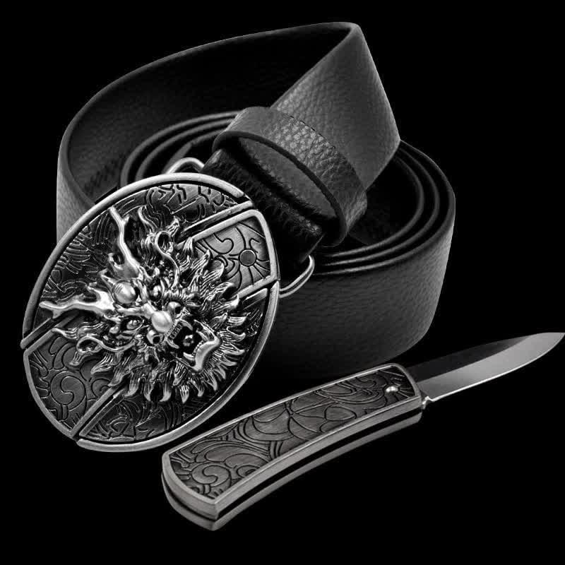 Men's Dragon Head Leather Belt With Folding Knife