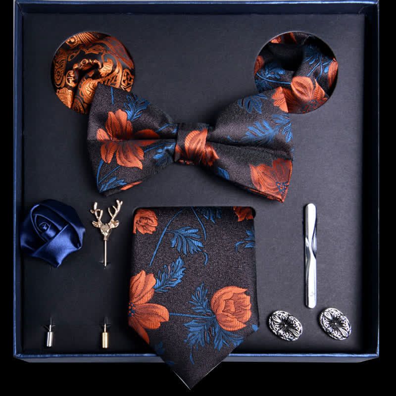 8Pcs Black&Orange Leaves Flower Vogue Necktie Bow Ties Gift Box