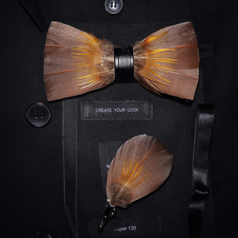 Sienna & Yellow Nature Feather Bow Tie with Lapel Pin