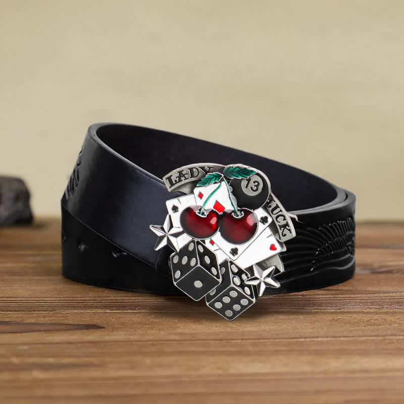 Men's DIY Cherry Poker Dice Buckle Leather Belt