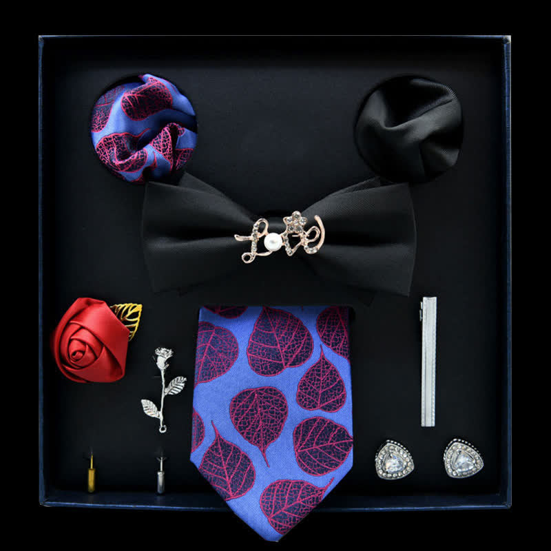 8Pcs Black&CornflowerBlue Floral Casual Necktie Bow Ties Gift Box