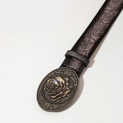 Western Style Rose Shaped Buckle Printed Leather Belt