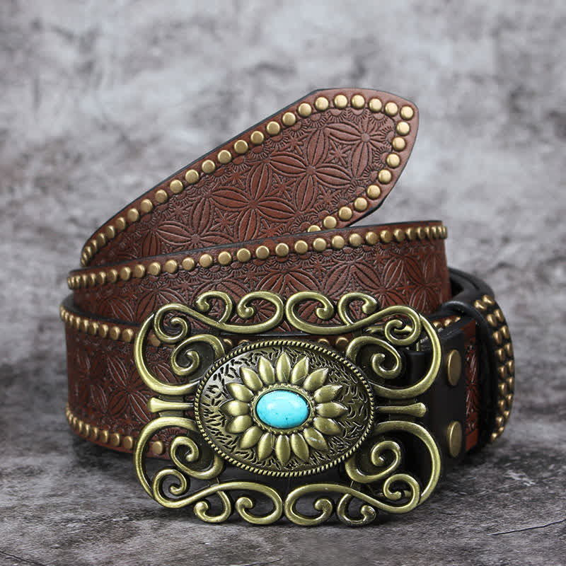 Men's Hollow Out Buckle Turquoise Inlaid Leather Belt