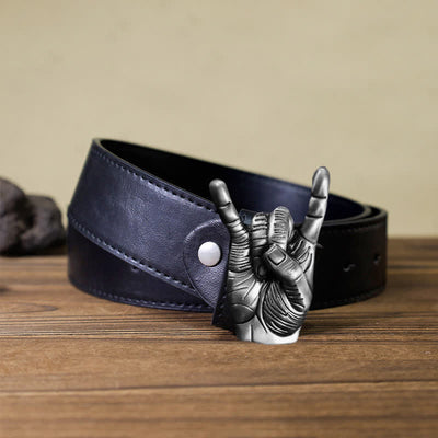 Men's DIY Cool Rock Love Gesture Buckle Leather Belt