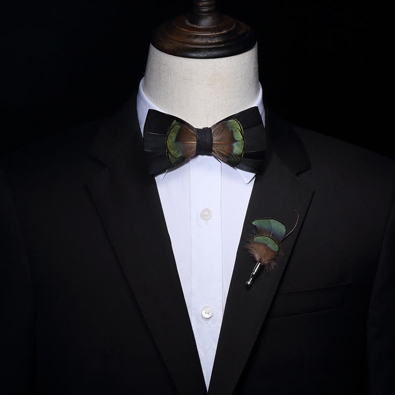 Green & Brown Spring Feather Bow Tie with Lapel Pin