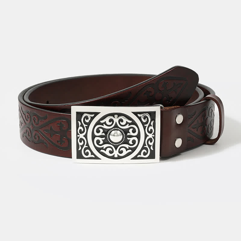 Western Carved Square Buckle Embossed Leather Belt