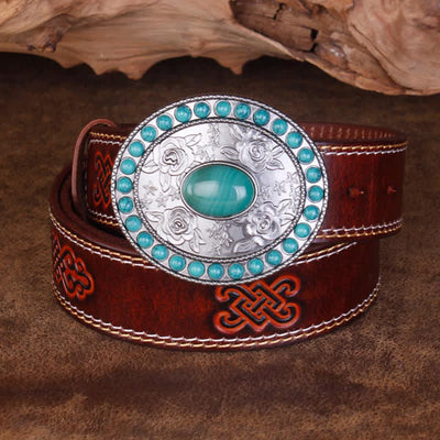 Unisex Carved Rose Turquoise Jade Agate Leather Belt