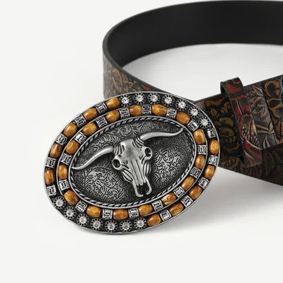 Men's Wooden Beads Carving Bull Head Leather Belt