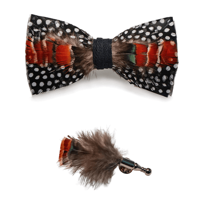 Orange & Black White Polka Feather Bow Tie with Lapel Pin
